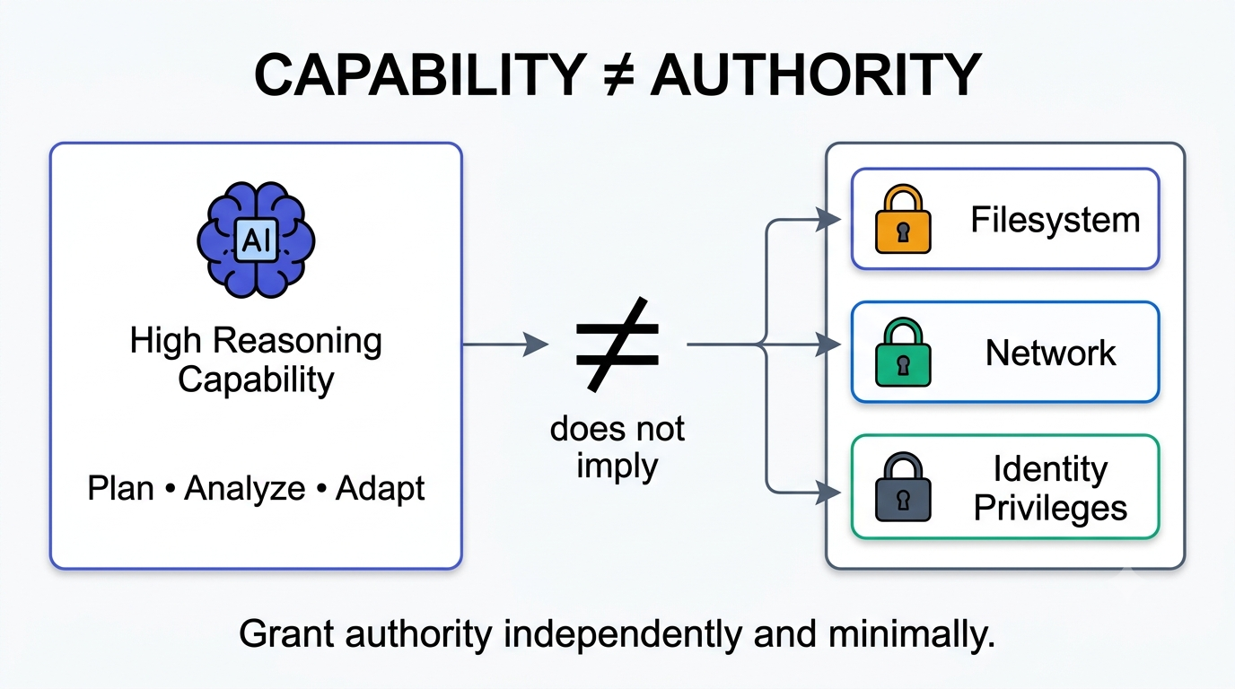 Capability does not equal authority: strong reasoning ability should not automatically grant filesystem, network, or identity privileges.