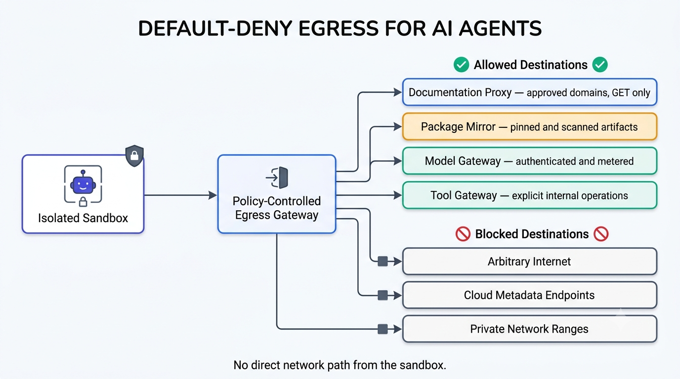 Default-deny egress architecture for AI agents, allowing only controlled documentation, package, model, and tool gateways.